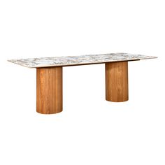 a wooden table with marble top and two columns on each side, against a white background