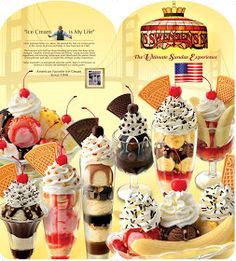 an advertisement for ice cream sundaes featuring various desserts and beverages on display