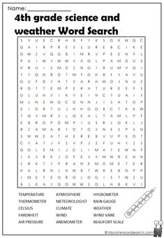 the 4th grade science and weather word search is shown in this printable worksheet