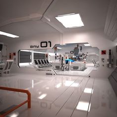 the interior of a futuristic looking space station