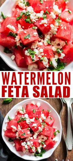 watermelon feta salad in a white bowl