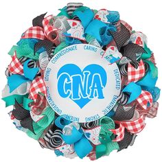 a colorful wreath with the word cnna on it in blue, green, and red