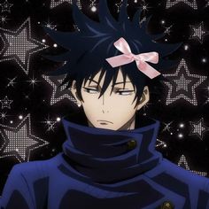 an anime character with black hair and a pink bow on his head looking at the camera