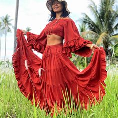 "Photoshoot Outfit, Photoshoot Clothing, Boho Skirt, Bohemian Skirt Tiered full circle long skirt made from unbleached and undyed raw cotton in off-white color. Sizing: Made in one size to fit S to XL / US: 4/6/8/10/12/14 Measurement; Elastic waist 24-40\" Hip max 50\" Length 41\" Bottom hem circumference 100\" **Model is a size US 6. 33\" bust, 36\" hip. 165 cm tall** Description: Stunningly beautiful maxi full circle skirt made from raw cotton material. Lined with the same fabric to knee level Orange Long Skirt, Skirt Photoshoot, Burnt Orange Skirt, Photoshoot Clothing, Orange Maxi Skirt, Outfit Photoshoot, Orange Outfits, Skirt Tiered, Bohemian Skirt