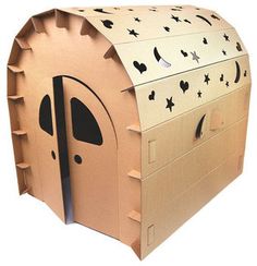 an open cardboard box shaped like a house with black cats on the front and side