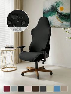 an office chair with black leather upholstered seat and wooden base, in front of a window