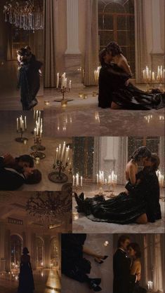 two people sitting on the floor in front of candles and chandeliers, one is kissing