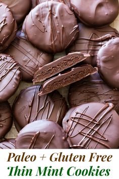 chocolate covered cookies with text overlay that reads palen gluten free thin mint cookies