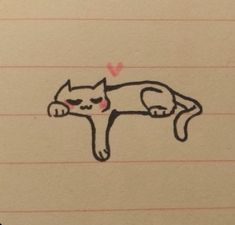 a drawing of a cat laying on top of a piece of lined paper with hearts