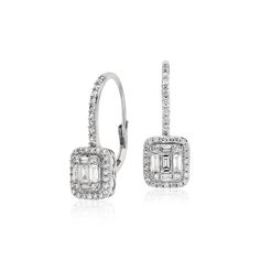 Add a touch of vintage sophistication with these diamond lever back earrings featuring baguette-cut diamonds surrounded by a halo of pave-set diamonds set in 18k white gold. Solitaire Earrings, Back Drop, Needful Things, Gold Halo, Baguette Cut Diamond, Blue Nile, Diamond Drops, Diamond Drop Earrings