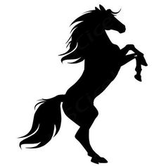 a black and white silhouette of a horse with long manes, standing on its hind legs