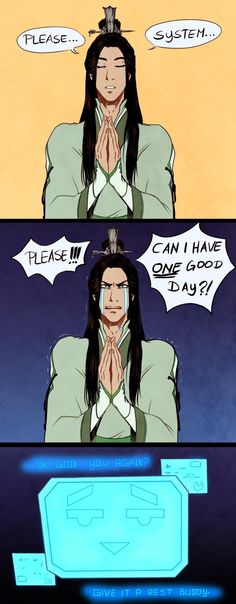 an anime character with long black hair and blue eyes is shown in two separate panels