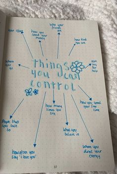 a notebook with writing on it that says things you can control in blue markers