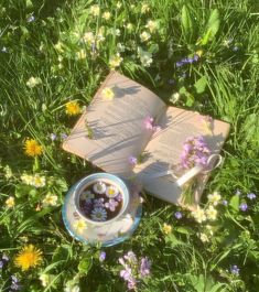 an open book sitting on top of a lush green field next to a cup of coffee