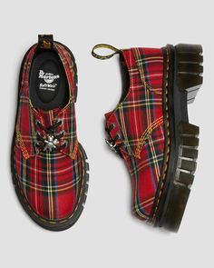 Tartan Shoes, Tartan Material, Goth Shoes, Stewart Tartan, Yellow Heels, Funky Shoes, New Rock, Shoe Inspo, Red Tartan