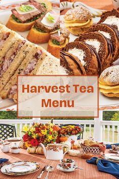 a collage of different types of tea sandwiches and pastries on a wooden table