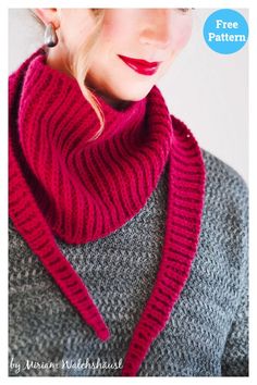 a woman wearing a red knitted cowl neck scarf with the text, free pattern