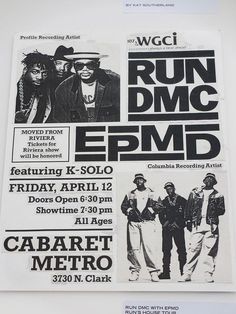 an advertisement for the run d m c epmd featuring three men in black and white