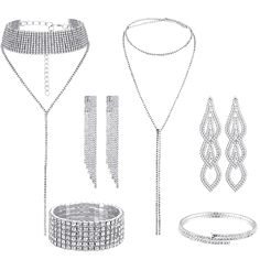 PRICES MAY VARY. Chic jewelry set: you will get 3 types of women's crystal rhinestone jewelry, including 2 pieces of crystal long tassel choker necklaces, 2 pieces of crystal bracelets and 2 pairs of crystal dangle earrings, which can meet your daily and party needs; One of the necklaces is a chain without a clasp, allowing you to easily change the style and DIY your own necklace Delicate and shiny: the crystal chain choker necklaces bracelets earrings are characterized by the shiny crystal rhin Bangles Diamond, Necklaces Crystal, Necklaces Long, Rhinestone Jewelry Set, Crystal Cuff Bracelet, Long Tassel Necklace, Layered Choker Necklace, Bridal Accessories Jewelry, Rhinestone Choker Necklace