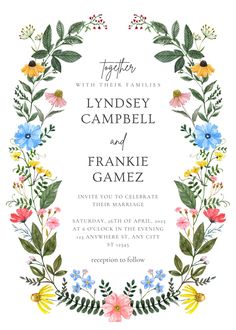 a wedding card with flowers and leaves in the center, on a white background that says happily