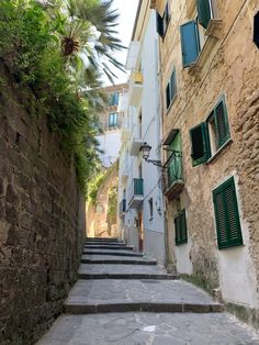 an alley way with stone steps and green shutters