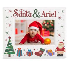 a christmas photo frame with santa and ariel on the front, surrounded by holiday decorations