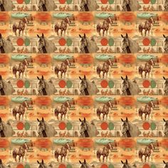 an image of horses in the desert with oranges and browns behind them fabric by weaving on spoons