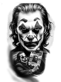 a drawing of the joker with his face painted to look like it is holding a magazine