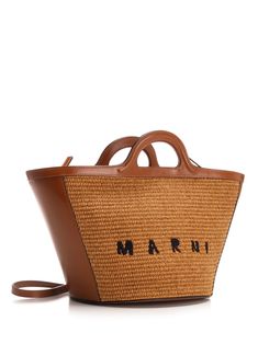 Small 'Tropicalia' bag from Marmi in leather with woven raffia panels, portable by hand and over the shoulder (detachable), handles with embossed details, leather closure and bottom, gold-colored metal elements, embroidered logo on the front. Composition: 50% Fabric 50% CALF LEATHER | Marni Women's tropicalia Small Bag in Raw Sienna | SS24 Raw Sienna, Versace Belt, Woven Raffia, Round Leather, Large Bag, Tory Burch Shoes, Womens Tote, Luxury Retail, Italian Fashion