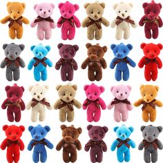 many different colored teddy bears with brown bows