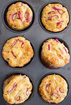 six muffins with red onions are in the pan