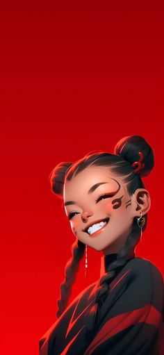 a digital painting of a woman with her hair in buns and earrings smiling at the camera