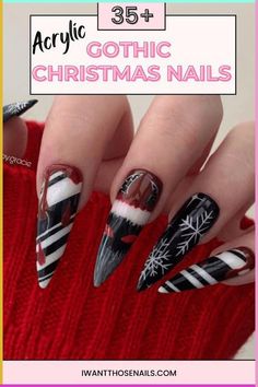 Get ready to sleigh this holiday season with these dark and mysterious gothic Christmas nails. With a touch of glitter and a dash of edge, your manicure will be the talk of every holiday party. Unleash your inner goth queen and make a statement nail that Santa won't soon forget! Gothic Christmas Nails, Black Christmas Nail Designs, Christmas Acrylic Nails, Santa Nail Art, Goth Queen, Santa Nails, Christmas Nail Ideas, Spooky Chic, Statement Nail