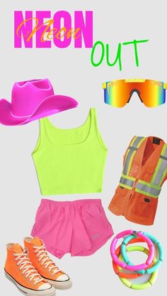 neon clothing and accessories are laid out in front of a white background with the words neon out