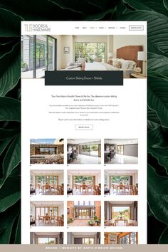 the interior design website is displayed on a tabletop, with green leaves surrounding it