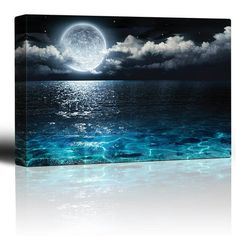 an ocean scene with the moon in the sky and clouds reflected on the water below