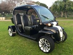 an electric golf cart is parked in the grass