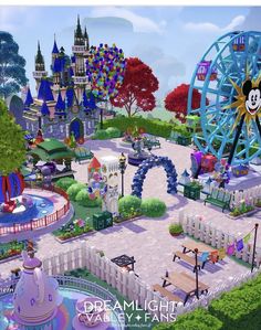 the disneyland world theme park is shown in this artist's rendering, which features an amusement park and ferris wheel