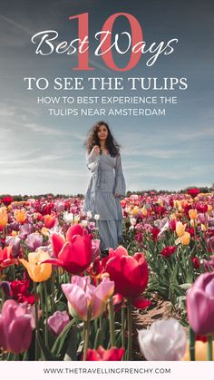 a woman standing in a field full of tulips with the title 10 best ways to see the tulips how to experience the tulips near amsterdam