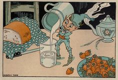 an old comic book page with a cartoon character pouring milk into a bowl and carrots on the table