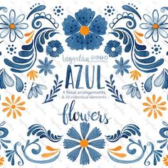 azul flowers in blue and orange colors with the words azul on it's side