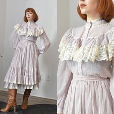 Vintage 1970s Dress / 70s Gunne Sax Two Piece Set / Lilac Purple ( XS S ) ~T H E R U N D O W N~ Modern Size: XS/S Materials: 65% polyester, 35% cotton Condition: Excellent vintage condition Brand:  Gunne Sax | Jessica's Gunnies San Fransisco ~F U L L D E T A I L S~ Gorgeous 70s Gunne Sax two piece blouse and skirt set done in a sweet light lilac cotton with cream lace trim. Top has a mock neckline, button front, lace-trim ruffled bodice, puff shoulders, and button cuffs. Skirt has a high banded Gunny Sax Dresses, 70s Victorian Revival, Gunne Sax Blouse, Gunnie Sax Dress, Gunne Sax Dress 80s, Lilac Clothes, Gunne Sax Dress Vintage 70s, Gunne Sax Dress Pattern, Matching Skirt And Top Set