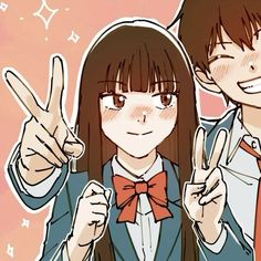 two anime characters giving the peace sign with one hand and the other holding up their fingers