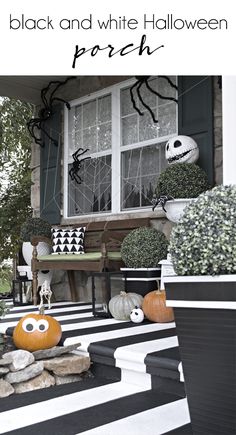 black and white halloween porch decor with pumpkins