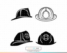 three hats that are black and white, one has a fireman's helmet on it