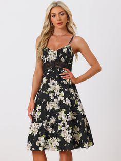 Shop Allegra K for spaghetti strap smocked back ruffled hem midi floral tiered dress sundress you are looking for, get more women's dresses for yourelf. Order now! Free Returns! Sundress Black, Floral Dresses Short, Floral Sundress, Floral Print Maxi Dress, Midi Short Sleeve Dress, Versatile Dresses, Flowy Dress, Floral Dress Black, Tiered Dress