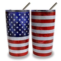 two red, white and blue tumblers with straws in them on a white background