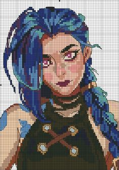 a woman with blue hair and piercings on her face is depicted in a cross stitch pattern