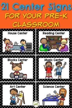 four different pictures with the words, art center signs for your prek classroom