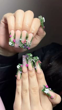 Nature Inspired Acrylic Nails, Fairy Garden Acrylic Nails, Moss Garden Nails, Sza Nails Acrylic, Chunky Charm Nails, Dope Nails Summer, Junk Nails Designs, Extra Acrylic Nails, Unique Acrylic Nails Creative